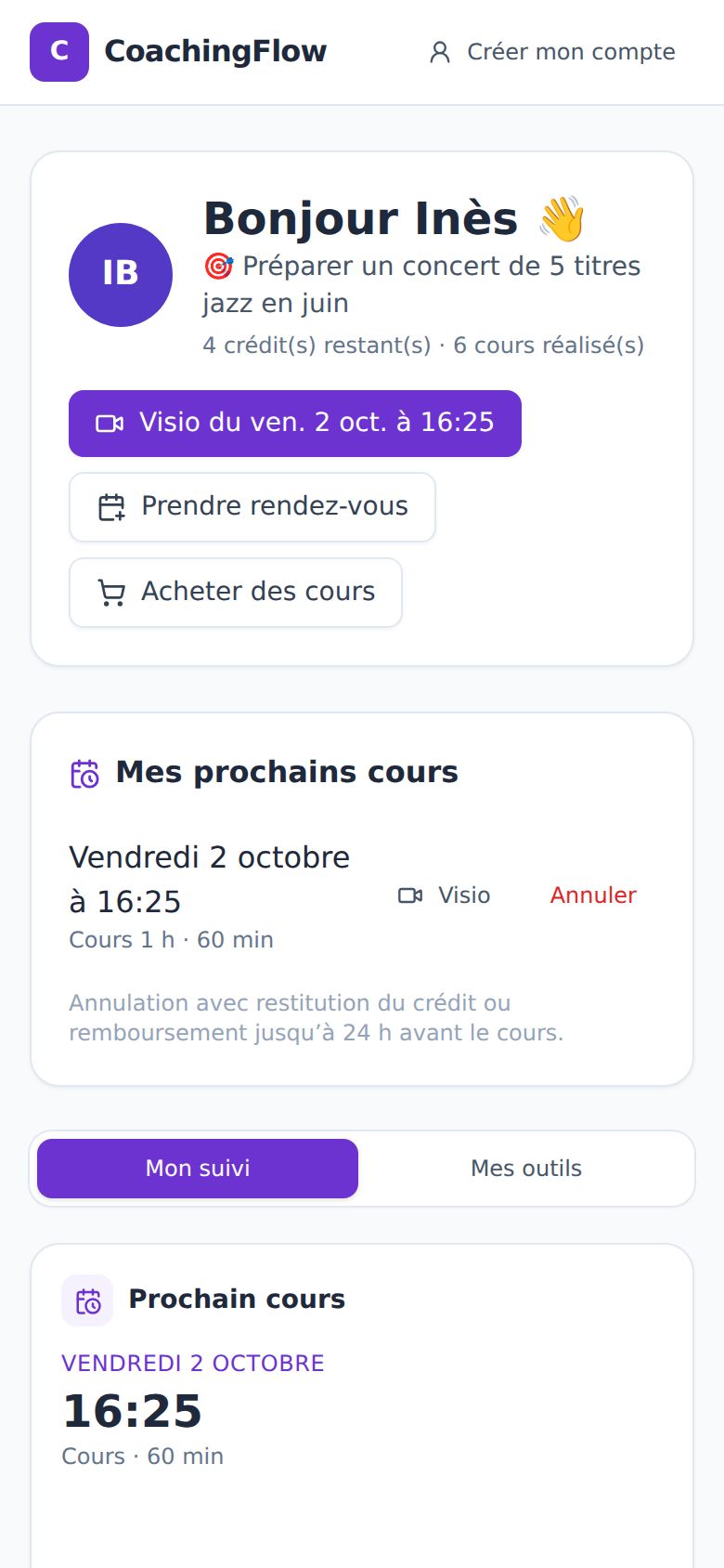 Espace élève sur téléphone : prochains cours et annulation