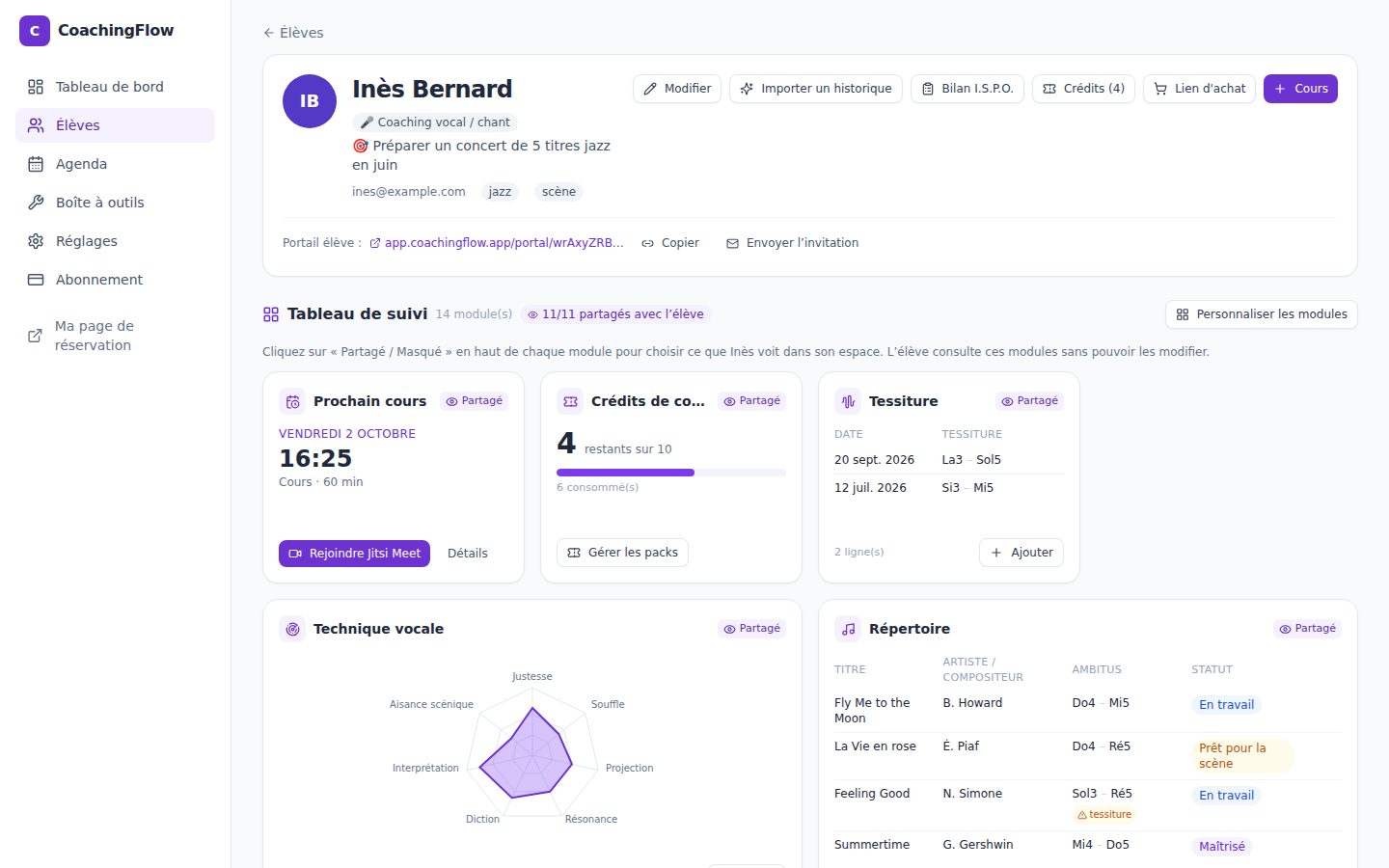 Fiche d’une élève chanteuse dans CoachingFlow : prochain cours, crédits, tessiture, technique vocale et répertoire